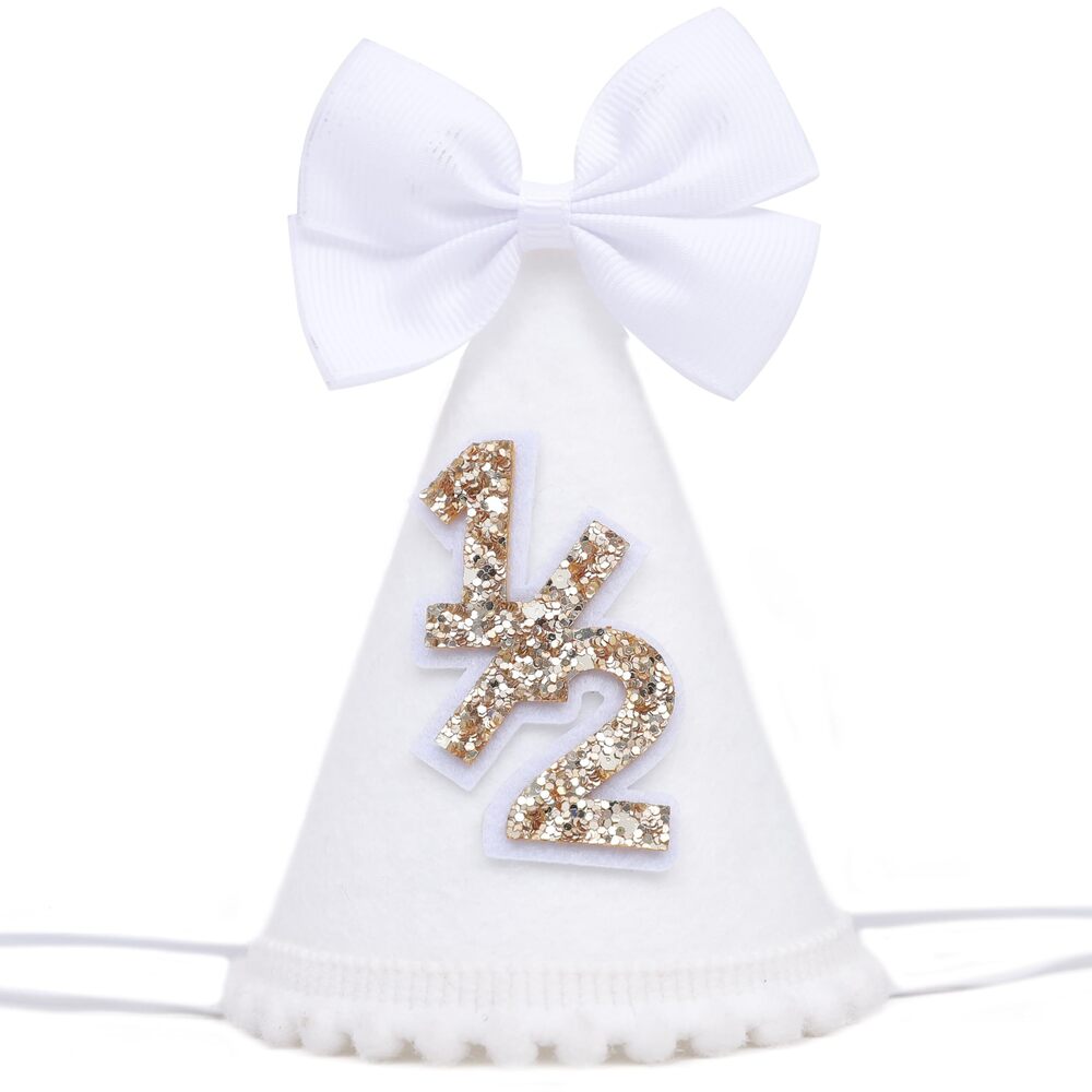 8670 White Bow 1/2 Birthday Hat - 6 Months Birthday Party Decorations,White